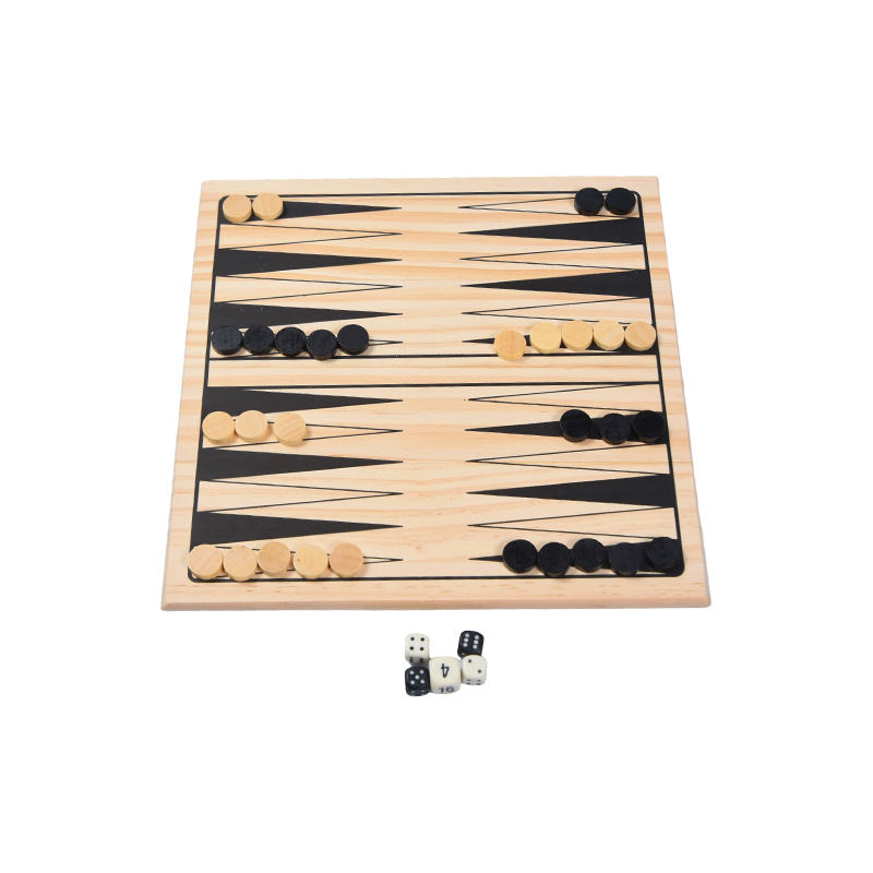 Trespillsett med vintage og fargerik emballasje Klassisk backgammon-brettspill