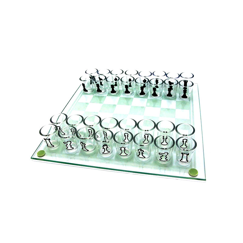 Sjakkbrett i glass med 32 shotglass med sjakkbrikker Sjakk-tema shotglasssett